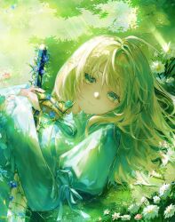 1girl ahoge artist_name artoria_pendragon_(fate) blonde_hair blue_flower blue_ribbon closed_mouth commentary day dress fate_(series) flower grass green_eyes hair_between_eyes highres holding holding_sword holding_weapon huge_ahoge juliet_sleeves long_hair long_sleeves looking_at_viewer lying neck_ribbon nigiri on_back outdoors pink_flower puffy_long_sleeves puffy_sleeves ribbon saber_(fate) shadow smile solo sunlight sword symbol-only_commentary weapon white_dress white_flower