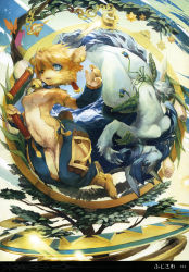 2girls animal_ears bell blue_eyes blue_hair brown_hair cat cat_ears cat_girl cat_tail chaps closed_mouth collarbone daena detached_sleeves dragoon eixin furry furry_female green_eyes hair_between_eyes highres horns legend_of_mana light_brown_hair long_hair multiple_girls no_nipples no_pussy nude nunchaku seiken_densetsu short_hair sierra_(lom) single_horn slit_pupils tail weapon wolf_ears wolf_girl