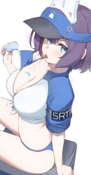 1girl alternate_costume animal_ear_hairband animal_ears arm_support bikini bikini_bottom_only blue_archive blue_bikini blue_eyes breasts cleavage commentary english_commentary fake_animal_ears food hair_between_eyes hairband highres holding holding_food holding_popsicle jacket large_breasts looking_at_viewer melting_popsicle popsicle projectorzero purple_hair rabbit_ear_hairband rabbit_ears saki_(blue_archive) saliva saliva_trail short_hair simple_background sitting sleeves_rolled_up solo swimsuit thighs tied_jacket tongue tongue_out v-shaped_eyebrows visor_cap white_background white_jacket