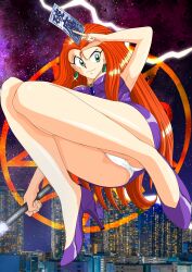 Rule 34 | 1990s (style), 1girl, armpits, breasts, building, card, city, cityscape, dress, earrings, from below, full body, ghost sweeper mikami, green eyes, high heels, holding, jewelry, legs, long hair, looking at viewer, mikami reiko, moemaru miyako, orange hair, panties, pantyshot, purple dress, purple footwear, red hair, retro artstyle, shoes, sky, smile, solo, star (sky), starry sky, thighs, underwear, upskirt, very long hair, white panties