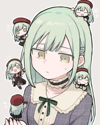 6+girls bang_dream! bang_dream!_it&#039;s_mygo!!!!! beret brown_eyes chibi chibi_on_head chibi_on_shoulder choker frilled_choker frills green_hair grey_background hat highres mortis_(bang_dream!) mortis_(costume)_(bang_dream!) multiple_girls multiple_persona on_head outline plaid_clothes red_hat sasa_kichi simple_background sweat wakaba_mutsumi white_outline