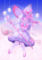 1girl :&lt; absurdres apron bow bowtie braid brooch capelet child closed_mouth collared_shirt commentary commentary_request dress_shirt earrings english_commentary frilled_capelet frilled_skirt frills full_body genshin_impact giuniu_(unc_135) hand_on_headwear hat hat_bow high-waist_skirt highres holding holding_staff jewelry long_hair looking_at_viewer mixed-language_commentary ofuda ofuda_on_head pink_bow pink_bowtie pink_eyes pink_shoes purple_capelet purple_hair purple_hat purple_skirt qiqi_(genshin_impact) shirt shoes short_sleeves skirt solo sphere_earrings staff thighhighs twin_braids white_apron white_shirt white_thighhighs witch_hat