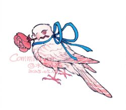 animal_focus artist_name beak bird blue_ribbon commission dated feathered_wings flower looking_at_viewer mouth_hold no_humans original red_eyes red_flower ribbon shuini_xiaomao simple_background watermark white_background wings