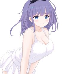 Rule 34 | 1girl, alternate costume, black hairband, blue eyes, bow hairband, breasts, cleavage, closed mouth, hair ornament, hairband, hairclip, large breasts, leaning forward, looking at viewer, medium hair, misora (princess connect!), pleated skirt, princess connect!, purple hair, sa (nax49), simple background, skirt, smile, solo, standing, tank top, white background, white skirt, white tank top
