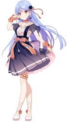 1girl black_dress center_frills choker closed_mouth dress earrings flower frills full_body highres jewelry long_hair looking_at_viewer matsueshinjiko_shijimi official_art onsen_musume orange_choker orange_eyes orange_flower orange_wrist_cuffs pleated_dress purple_hair sailor_collar shigure_ui shoes simple_background smile solo transparent_background white_sailor_collar white_shoes wrist_cuffs yellow_eyes