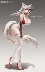 1girl absurdres animal_ears arm_behind_head artist_name black_gloves breasts cleavage closed_mouth commentary elbow_gloves english_commentary fingerless_gloves fox_ears fox_girl fox_tail full_body gloves grey_background hand_on_thighs heart heart-shaped_pupils high_heels highres large_breasts leotard lips long_hair looking_at_viewer louu_heroo multicolored_hair multicolored_leotard original ponytail race_queen red_eyes red_shoes shadow shoes sidelocks simple_background solo standing standing_on_one_leg streaked_hair symbol-shaped_pupils tail thighhighs thighs two-tone_leotard white_hair white_leotard white_thighhighs