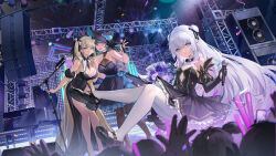 +_+ 3girls absurdly_long_hair absurdres adapted_costume alternate_costume audience azur_lane bare_shoulders black_dress black_footwear black_headwear blue_dress blue_eyes breasts brown_pantyhose cheshire_(azur_lane) cheshire_(cait_sith_crooner)_(azur_lane) cleavage concert detached_sleeves double_bun dress formidable_(azur_lane) glowstick hair_bun highres holding holding_microphone holding_microphone_stand idol juliet_sleeves large_breasts le_malin_(azur_lane) leaning_forward long_hair long_sleeves looking_at_viewer microphone microphone_stand multicolored_hair multiple_girls nianbingzi official_alternate_costume one_eye_closed open_mouth pantyhose puffy_sleeves purple_dress purple_hair ribbon see-through_clothes see-through_cleavage shoes speaker stage stage_lights streaked_hair twintails two-tone_ribbon very_long_hair white_hair white_pantyhose
