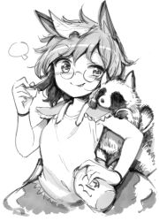 Rule 34 | 1girl, animal, animal ears, animal on shoulder, breasts, futatsuiwa mamizou, glasses, harusame (unmei no ikasumi), leaf, leaf on head, looking at animal, pince-nez, raccoon, raccoon ears, raccoon tail, short hair, small breasts, tail, tongue, tongue out, touhou