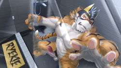 1boy abs animal_ears bara beige_fur completely_nude erection facial_hair foot_out_of_frame foreshortening furry furry_male goatee highres large_pectorals live_a_hero male_focus male_pubic_hair mask mature_male muscular muscular_male navel nipples nude orange_fur pectorals penis precum pubic_hair ryekie_(live_a_hero) short_hair skarltano solo stomach tail thick_eyebrows tiger_boy tiger_ears tiger_tail twitching_penis uncensored