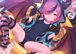 1boy 1girl asymmetrical_legwear bar_censor black_hair blue_jacket blue_one-piece_swimsuit breasts censored character_request collarbone commentary_request covered_navel demon_girl demon_horns demon_wings grin hair_over_one_eye highres hood hood_up horns horns_through_headwear jacket loli male_masturbation masturbation mismatched_legwear monster_musume_td multicolored_hair one-piece_swimsuit paid_reward_available parted_lips partially_submerged penis pink_eyes pink_hair purple_socks purple_thighhighs robo_mikan short_hair single_sock single_thighhigh small_breasts smile socks solo_focus speech_bubble spoken_x spread_legs square_pupils streaked_hair striped_clothes striped_socks striped_thighhighs swimsuit teeth thighhighs variant_set wading_pool wings