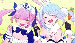 Rule 34 | 2girls, :d, ^ ^, anchor, animal ear fluff, animal ears, black gloves, black leotard, blue bow, blue dress, blue hair, blue nails, blue ribbon, blush, bow, breasts, brown background, carrot hair ornament, cleavage, closed eyes, commentary, detached sleeves, don-chan (usada pekora), dress, food-themed hair ornament, fur-trimmed gloves, fur trim, gloves, hair ornament, hair ribbon, highres, holding hands, hololive, kiritoma, leotard, medium breasts, minato aqua, minato aqua (1st costume), multicolored hair, multiple girls, nail polish, open mouth, petals, pink hair, puffy short sleeves, puffy sleeves, rabbit ears, ribbon, short sleeves, signature, small breasts, smile, strapless, strapless dress, strapless leotard, streaked hair, twintails, twitter username, upper body, usada pekora, usada pekora (1st costume), virtual youtuber, white dress, white hair, white sleeves, wrist cuffs