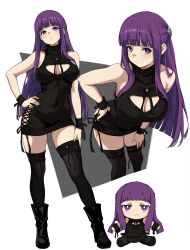 1girl :t absurdres bare_shoulders black_boots black_nails black_sweater black_thighhighs boots breasts covered_navel dress fern_(sousou_no_frieren) hand_on_own_hip highres kekel large_breasts leaning_forward long_hair multiple_views pout purple_eyes purple_hair simple_background sousou_no_frieren stuffed_toy sweater sweater_dress thighhighs turtleneck turtleneck_sweater very_long_hair white_background