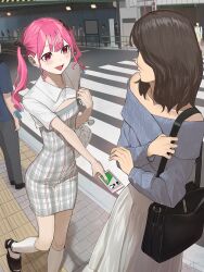 2girls absurdres bag black_bag blue_hair blue_sweater blush card colored_tips commentary_request crosswalk dress fang grey_dress highres hinamizawa_hinami_(tetto) holding holding_card long_hair multicolored_hair multiple_girls off-shoulder_sweater off_shoulder open_mouth original penis pink_eyes pink_hair plaid_clothes plaid_dress real_world_location shinjuku_(tokyo) shirt short_hair shoulder_bag socks suica sweater tactile_paving tetto_(onnoveltet) tokyo_(city) twintails white_bag white_shirt white_socks