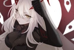 1girl black_gloves bodystocking breasts cowlick eye_hair_ornament eye_symbol genshin_impact gloves hair_between_eyes hair_ornament highres long_hair looking_at_viewer naruse_azusa pale_skin ronova_(genshin_impact) serious side_ahoge simple_background solo symbol-shaped_pupils upper_body very_long_hair white_background white_hair wings yellow_eyes