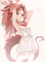 1girl absurdres aoidelan9 armpits arms_behind_head bare_arms bare_shoulders blue_archive blush breasts closed_mouth dragon_girl dragon_tail forehead hair_ribbon hand_in_own_hair highres horns kiwi_(uwee8553) long_hair looking_at_viewer parted_lips pleated_skirt ponytail red_eyes red_hair red_sailor_collar renge_(blue_archive) ribbon sailor_collar shirt sideboob sidelocks single_horn skirt sleeveless sleeveless_shirt solo tail white_ribbon white_shirt white_skirt