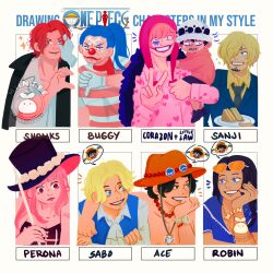 2girls 6+boys aged_down blonde_hair blue_eyes blue_hair blue_vest blunt_bangs brothers buggy_the_clown character_name child commentary curly_eyebrows donquixote_rocinante english_commentary eyewear_on_head facial_hair formal_clothes gloves goatee hair_over_one_eye hair_slicked_back hat heart heart_print highres hood jacket jewelry log_pose long_hair miintee monkey_d._luffy multiple_boys multiple_drawing_challenge multiple_girls necklace nico_robin nico_robin_(return_to_sabaody) notice_lines one_piece orange-tinted_eyewear orange_hat pearl_necklace perona pink_hair ponytail portgas_d._ace red_hair red_nose sabo_(one_piece) sanji_(one_piece) shanks_(one_piece) shirt short-sleeved_jacket short_hair short_sleeves siblings smile suit talking thumbs_down tinted_eyewear topless_male trafalgar_law vest white_gloves yellow_shirt zipper