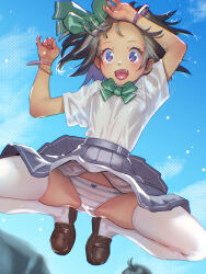1girl arms_up black_hair bow bow_panties bracelet brown_shoes fang female_focus green_ribbon hair_ribbon highres jewelry loafers looking_at_viewer midair neck_ribbon open_mouth original paid_reward_available panties pleated_skirt ribbon school_uniform shirt shirt_tucked_in shoes short_hair short_sleeves skirt smile solo soon_(c-u-soon) spread_legs striped_clothes striped_panties thighhighs thighs tongue underwear white_panties white_shirt white_thighhighs