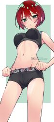 Rule 34 | 1girl, amate yuzuriha, aqua eyes, bike shorts, black sports bra, blush, breasts, commentary, crop top, english text, gundam, gundam gquuuuuux, harii (janib5kc), highres, holding, looking at viewer, midriff, mixed-language text, open mouth, red hair, short hair, shorts, solo, sports bra, sportswear, watermark
