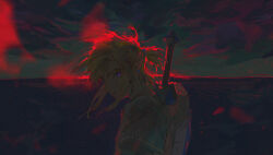 1boy brown_hair champion&#039;s_tunic_(zelda) commentary dark earrings english_commentary jewelry link lip_(lih8) looking_at_viewer male_focus night nintendo outdoors pointy_ears ponytail red_eyes shield shield_on_back short_hair short_hair_with_long_locks short_ponytail solo sword sword_on_back the_legend_of_zelda the_legend_of_zelda:_breath_of_the_wild tunic upper_body weapon weapon_on_back