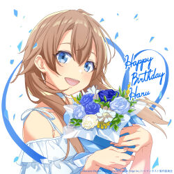 1girl absurdres artist_request bare_shoulders blue_eyes bouquet brown_hair confetti copyright_notice dress english_text flower happy_birthday highres holding holding_bouquet long_hair looking_at_viewer nabatame_haru official_art open_mouth shine_post simple_background solo teeth upper_body upper_teeth_only white_background white_dress