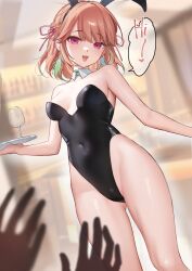 Rule 34 | 1girl, absurdres, alternate breast size, animal ears, bare shoulders, black leotard, blush, breasts, detached collar, earrings, fake animal ears, feather earrings, feathers, gluteal fold, gradient hair, highleg, highleg leotard, highres, holding, hololive, hololive english, jewelry, leotard, long hair, looking at viewer, multicolored hair, open mouth, orange hair, pink hair, playboy bunny, purple eyes, rabbit ears, small breasts, smilesmile1312, solo focus, strapless, strapless leotard, takanashi kiara, virtual youtuber