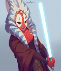 1girl absurdres alien blue_lightsaber breasts brown_robe cleavage colored_skin energy_sword grey_background highres holding holding_sword holding_weapon lightsaber looking_at_viewer red_skin robe shaak_ti simple_background star_wars sword togruta upper_body valerio_buonfantino weapon