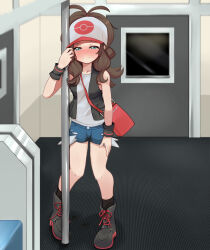 1girl antenna_hair arm_at_side bag bare_shoulders baseball_cap black_boots black_vest blue_eyes blue_shorts blush boots breasts brown_hair closed_mouth collarbone creatures_(company) door dripping embarrassed female_focus game_freak grey_shirt half-closed_eyes hand_on_own_thigh hand_up hat have_to_pee hilda_(pokemon) holding holding_pole indoors lace-up_boots long_hair looking_afar mizuumi_(expanse_lake) nintendo nose_blush pee peeing peeing_self pigeon-toed pink_hat pocket poke_ball_symbol pokemon pokemon_bw pole shirt short_shorts shorts shoulder_bag sidelocks sleeveless sleeveless_shirt small_breasts solo split_mouth standing sweat tears train_interior vest wet wet_shorts wristband