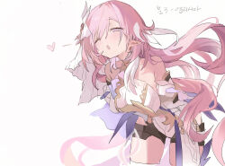 1girl :o arms_behind_back bare_shoulders black_shorts breasts commentary_request corset cowboy_shot elf elysia_(herrscher_of_human:_ego)_(honkai_impact) elysia_(honkai_impact) heart highres honkai_(series) honkai_impact_3rd korean_commentary korean_text large_breasts long_hair one_eye_closed open_mouth pink_hair pointy_ears purple_eyes qqkkay short_shorts shorts simple_background solo thighs translation_request veil very_long_hair white_background white_corset white_veil