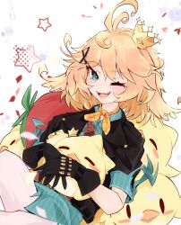 Rule 34 | ahoge, aqua eyes, aqua shirt, black gloves, black jacket, blonde hair, cartridge, cowboy shot, crown, dokibird, dokibird (bounty hunter), dragoon (dokibird), fang, gloves, highres, indie virtual youtuber, jacket, medium hair, necktie, one eye closed, open clothes, open jacket, open mouth, orange necktie, pants, shirt, skin fang, smile, star (symbol), tomato, troubleshooter bun, virtual youtuber, white background, white pants