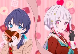 Rule 34 | 2girls, ?, absurdres, aqua neckerchief, black choker, black gloves, blue eyes, blue hair, blue ribbon, bob cut, box, breasts, brown dress, choker, commentary, covering own mouth, dollchestra, dress, embarrassed, food-themed background, gloves, grey hair, hair ornament, hair ribbon, half gloves, hasu no sora school uniform, heart, heart-shaped box, highres, holding, holding box, inverted bob, kujo awenn, link! like! love live!, long sleeves, looking at another, love live!, low twintails, mole, mole on neck, multicolored hair, multiple girls, murano sayaka, neckerchief, parted lips, pink background, pink eyes, pointing, pointing at self, raised inner eyebrows, red hair, red neckerchief, ribbon, sailor collar, sailor dress, school uniform, short hair, speech bubble, spoken question mark, star (symbol), star hair ornament, streaked hair, twintails, virtual youtuber, white sailor collar, winter uniform, yugiri tsuzuri, yuri