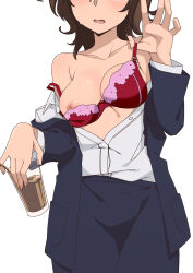 1girl black_jacket blush bra breasts brown_hair commentary_request cup dagashi_kashi drink glasses hand_up head_out_of_frame highres holding holding_cup jacket long_sleeves looking_at_viewer medium_breasts morisobo nipples one_breast_out open_mouth owari_hajime red_bra shirt short_hair simple_background solo underwear white_background white_shirt