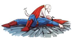 1boy absurdres animal black_hair blue_bodysuit bodysuit boots briefs cape concrete dc_comics ddalgi_nim dog highres knee_up krypto_the_superdog long_sleeves looking_at_another lying male_focus male_underwear on_back outstretched_arm red_boots red_cape short_hair simple_background superhero_costume superman superman_(series) superman_logo tail tail_wagging tongue tongue_out underwear white_background |_|