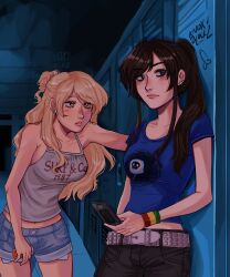 2girls against_locker black_hair blonde_hair blue_eyes blue_shirt bottle class_of_09 commentary denim ear_piercing earrings english_commentary hair_bun hallway highres holding holding_bottle holding_phone jeans jecka_(class_of_09) jewelry knoxblockz locker long_hair medicine_bottle multiple_girls nicole_(class_of_09) pants phone piercing ponytail shirt short_shorts shorts sleeveless stud_earrings tan watermark white_shirt yellow_eyes
