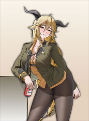 1girl absurdres ahoge alter_kamerade animal_ears arknights beer_can black_horns black_necktie blonde_hair blush breasts brown_background brown_pantyhose buttons can chinese_commentary cleavage collarbone commentary_request curled_horns degenbrecher_(arknights) drink drink_can gradient_background green_jacket hair_between_eyes half-closed_eyes highres holding holding_can holding_drink horns jacket lapels large_breasts leaning leaning_forward long_hair long_sleeves looking_at_viewer necktie no_pants open_clothes open_jacket pantyhose parted_lips shirt solo unbuttoned unbuttoned_jacket undone_necktie very_long_hair yellow_eyes yellow_shirt