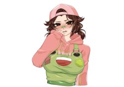 Rule 34 | 1girl, animal print, backwards hat, bandaid, bandaid on face, bandaid on nose, baseball cap, bethy, blush, breasts, brown eyes, brown hair, commentary, commission, commissioner upload, english commentary, eyelashes, fang, frog print, green bandaid, green overalls, green suspenders, hand up, hat, highres, hood, hood down, hoodie, indie virtual youtuber, large breasts, long sleeves, looking at viewer, medium hair, nose, overalls, parted lips, pink hat, pink hoodie, second-party source, short twintails, sidelocks, simple background, skin fang, solo, tearing up, tears, teeth, tomboy, twintails, upper body, vee v520, virtual youtuber, white background