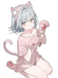 1girl animal_ear_fluff animal_ear_hairband animal_ears animal_hands cat_ears cat_tail collarbone commentary fake_animal_ears gloves grey_hair hair_between_eyes hair_intakes hair_ornament hairband hairclip hands_up highres karyln light_blush looking_at_viewer medium_hair no_pants original paw_gloves paw_pose paw_shoes pink_hairband pink_shirt pink_tail seiza shirt short_sleeves simple_background sitting solo symbol-only_commentary tail white_background x_hair_ornament yellow_eyes