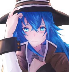 1girl blue_eyes blue_hair blush brown_cloak cloak closed_mouth commentary_request crossed_bangs crying crying_with_eyes_open hair_between_eyes hand_on_headwear hand_up highres large_hat long_hair long_sleeves looking_at_viewer mushoku_tensei roxy_migurdia signature simple_background solo tears troylogon upper_body white_background