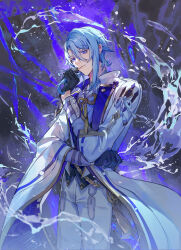 1boy absurdres agemaki_knot arm_guards black_gloves black_vest blue_hair chinese_commentary chinese_knot closed_mouth commentary_request cowboy_shot earrings genshin_impact gloves gold_trim hair_between_eyes hand_up highres holding holding_own_hair jacket jewelry kamisato_ayato lapels long_sleeves looking_at_viewer male_focus medium_hair mole mole_under_mouth pants parted_bangs popped_collar purple_eyes purple_shirt ribbon-trimmed_sleeves ribbon_trim shirt smile solo sq_(su_qing) standing stud_earrings tassel vest water white_jacket white_pants wide_sleeves