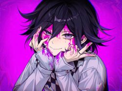 1boy absurdres black_hair blood blood_on_face checkered_neckerchief closed_mouth danganronpa_(series) danganronpa_v3:_killing_harmony grey_jacket hair_between_eyes hands_on_own_chin hands_up highres jacket long_sleeves male_focus nanin neckerchief oma_kokichi pink_background pink_blood pink_eyes sleeves_past_wrists smile solo torn_clothes torn_neckerchief upper_body
