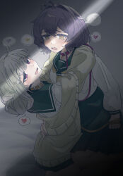 2girls @_@ absurdres ahoge araga_kiwi black_hair coat collar fangs green_hair heart highres hiiragi_utena holding holding_leash hug huru_p leash long_hair looking_at_viewer mahou_shoujo_ni_akogarete medium_hair multiple_girls on_bed purple_eyes school_uniform skirt smile spoken_heart yellow_eyes yuri
