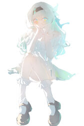 1girl absurdres alternate_costume aqua_dress blue_ribbon blush breasts brown_hairband brown_shoes cleavage collarbone dress firefly_(honkai:_star_rail) frilled_dress frilled_socks frills gradient_hair green_pupils hair_ornament hair_ribbon hairband hands_on_own_face highres honkai:_star_rail honkai_(series) hua_(yijing) long_hair multicolored_eyes multicolored_hair off-shoulder_dress off_shoulder ribbon shoes socks solo white_socks