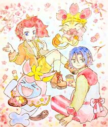 Rule 34 | blue eyes, blue hair, cherry blossoms, crossdressing, cup, food, gen 1 pokemon, gen 2 pokemon, green eyes, happy, holding, holding cup, holding food, james (pokemon), jessie (pokemon), looking at viewer, meowth, minmin33r, nintendo, pokemon, pokemon (anime), pokemon (classic anime), pokemon (creature), red hair, sitting, team rocket, wobbuffet