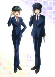 1boy 1girl absurdres artist_name athrun_zala blonde_hair blue_hair blue_jacket blue_pants cagalli_yula_athha gloves green_eyes gundam gundam_seed gundam_seed_freedom hat highres jacket looking_at_another matching_outfits necktie orange_necktie pants red_necktie salute shirt short_hair smile standing train_conductor twitter_username watermark white_background white_gloves white_shirt yellow_eyes yukiichigo216