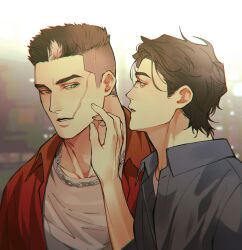 2boys absurdres batman_(series) black_hair brothers chain chain_necklace chengzhineixihuanxiaogou collared_shirt dc_comics dick_grayson grey_shirt highres jason_todd jewelry looking_at_another male_focus multicolored_hair multiple_boys necklace open_clothes open_mouth open_shirt red_shirt scar scar_on_face shirt short_hair siblings two-tone_hair white_hair yaoi