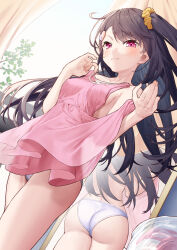 1girl ass black_hair breasts clothes_in_front curtains dress hair_ornament hair_scrunchie holding holding_unworn_clothes indoors light_smile long_hair looking_at_viewer mirror one_side_up original panties pink_dress pink_eyes reflection scrunchie small_breasts solo tokuno_yuika topless_female underwear unworn_clothes white_panties