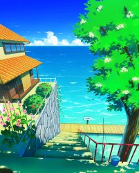 bucket bucket_of_water bush cloud cloudy_sky fishing_rod flower highres house mizuasagi ocean original pink_flower scenery sign sky stairs summer tree