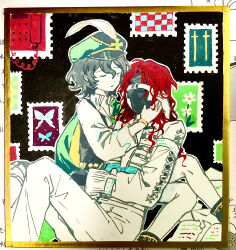 1boy 1girl absurdres aleph_(reverse:1999) black_background black_mask black_vest cape closed_eyes corded_phone covered_face dongfang_shuyechu green_cape green_hat hand_on_another&#039;s_head hat hat_feather highres lying_on_another newsboy_cap pants pantyhose phone photo_(medium) postage_stamp recoleta_(reverse:1999) red_hair reverse:1999 shikishi shirt sitting traditional_media vest white_pants white_pantyhose white_shirt