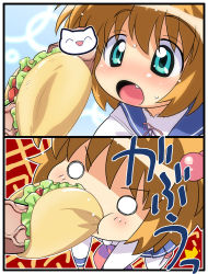 Rule 34 | 00s, 1girl, bad id, biting, blue eyes, blush, brown hair, censored, comic, failure, fang, hair bobbles, hair ornament, hiro hiroki, kataoka yuuki, novelty censor, o o, open mouth, pain, penis, biting penis, penis hot dog, saki (manga), school uniform, serafuku, short hair, taco, thighhighs, translation request, veins, veiny penis, white thighhighs