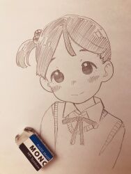 1girl blush collared_shirt eraser graphite_(medium) hair_bobbles hair_ornament highres ichigo_mashimaro itou_chika looking_at_viewer monochrome neck_ribbon nekojarashi_(yuuga) one_side_up photo_(medium) ribbon shirt short_hair sketch smile solo sweater_vest traditional_media upper_body