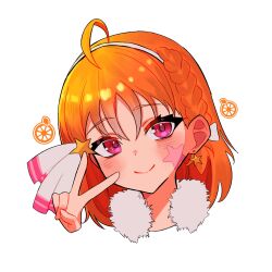 1girl ahoge blush braid closed_mouth earrings facing_viewer food fruit fur_trim hairband head_tilt highres jewelry looking_at_viewer love_live! love_live!_sunshine!! miracle_wave orange_(fruit) orange_hair red_eyes rochie simple_background single_earring smile solo star_(symbol) takami_chika upper_body v white_background
